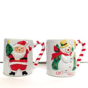 Santa Mugs Set of 2 JSNY Taiwan Candy Cane Handles 3-D Ceramic Hand Painted
